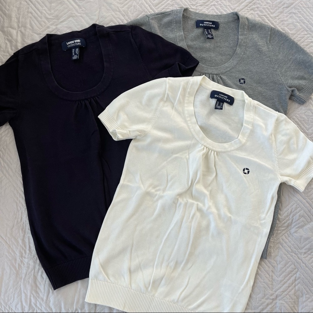 3 Lands End Chase Bank sweaters. Gray, navy blue and ivory. Size XS